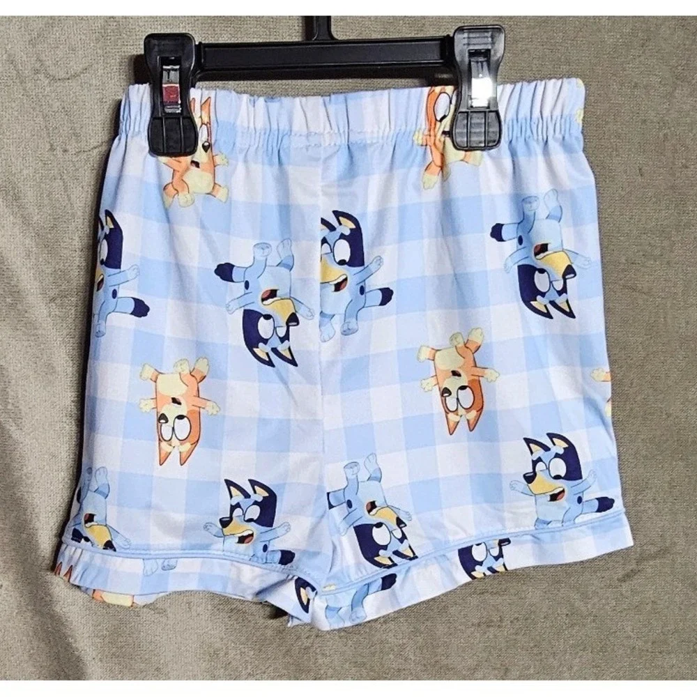 Bluey Bingo Kids 2PC Pajama Set Blue Gingham Button Down Shirt Shorts 5T NEW